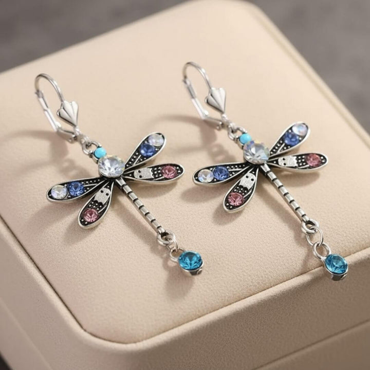 Silver Colorful Dragonfly Dangle Earrings