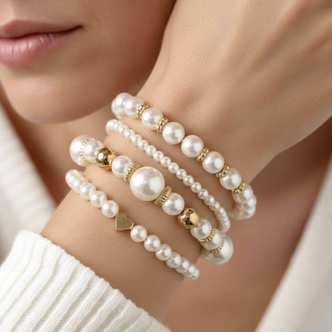 Gold Pearl Bead Stackable Bracelets