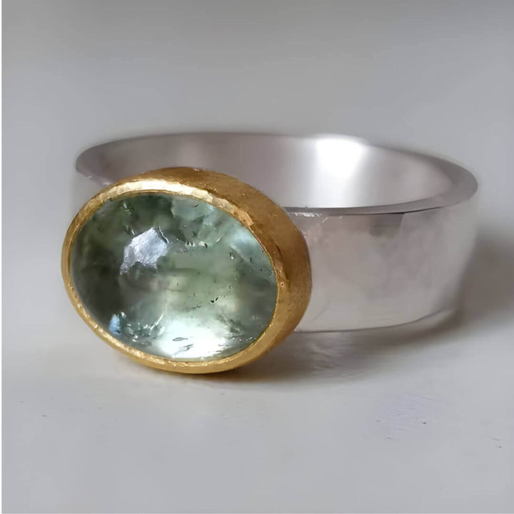 Green Amethyst Silver Gold Ring