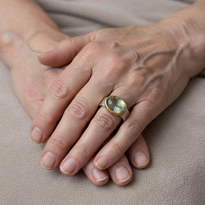 Green Amethyst Silver Gold Ring