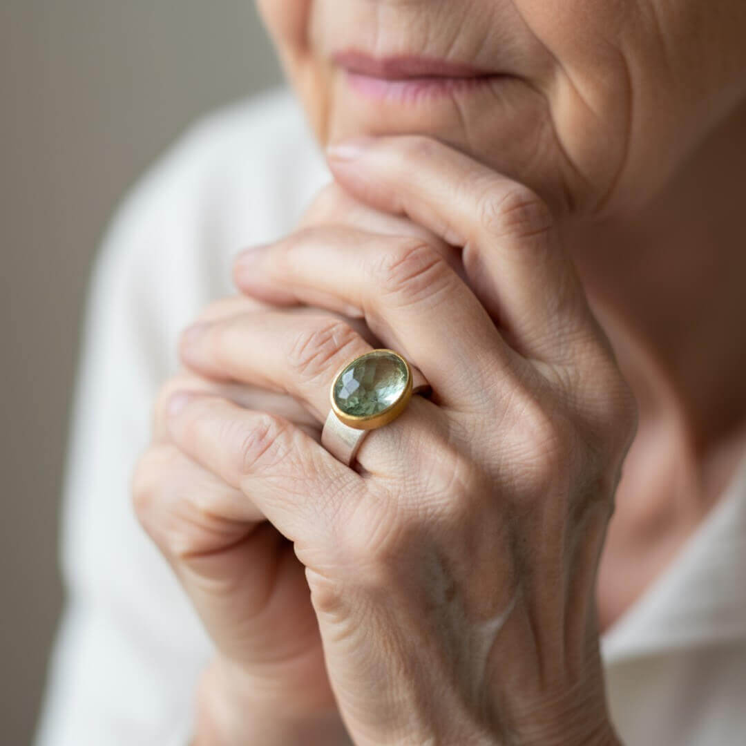 Green Amethyst Silver Gold Ring