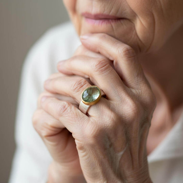Green Amethyst Silver Gold Ring