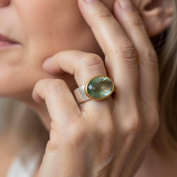 Green Amethyst Silver Gold Ring