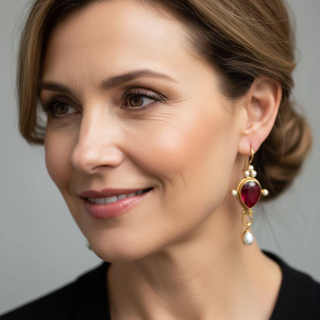 Ruby Pearl Gold Drop Earrings