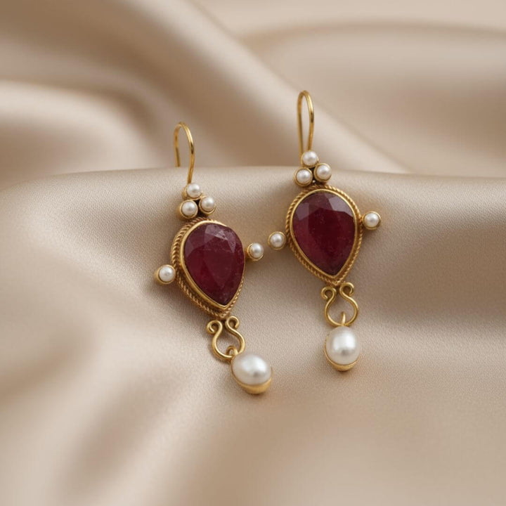 Ruby Pearl Gold Drop Earrings