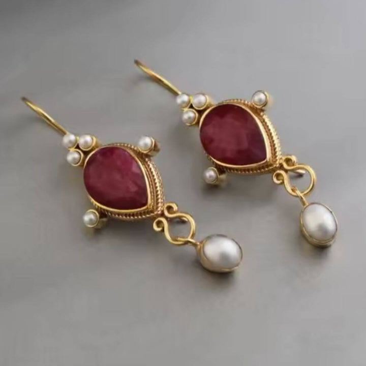 Ruby Pearl Gold Drop Earrings