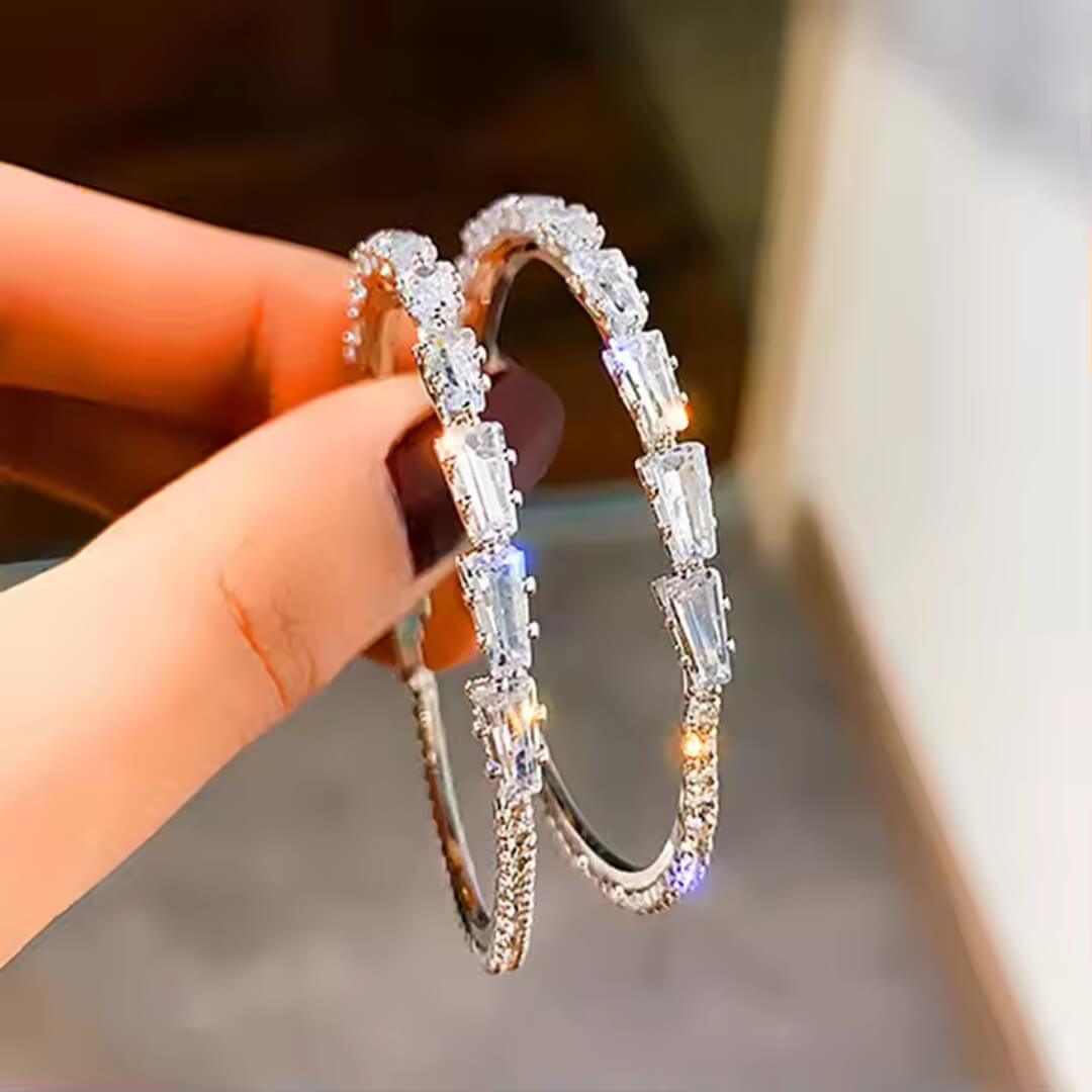 Silver Baguette Crystal Hoop Earrings - Diane Jewelry