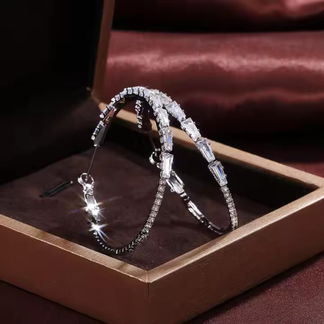 Silver Baguette Crystal Hoop Earrings - Diane Jewelry