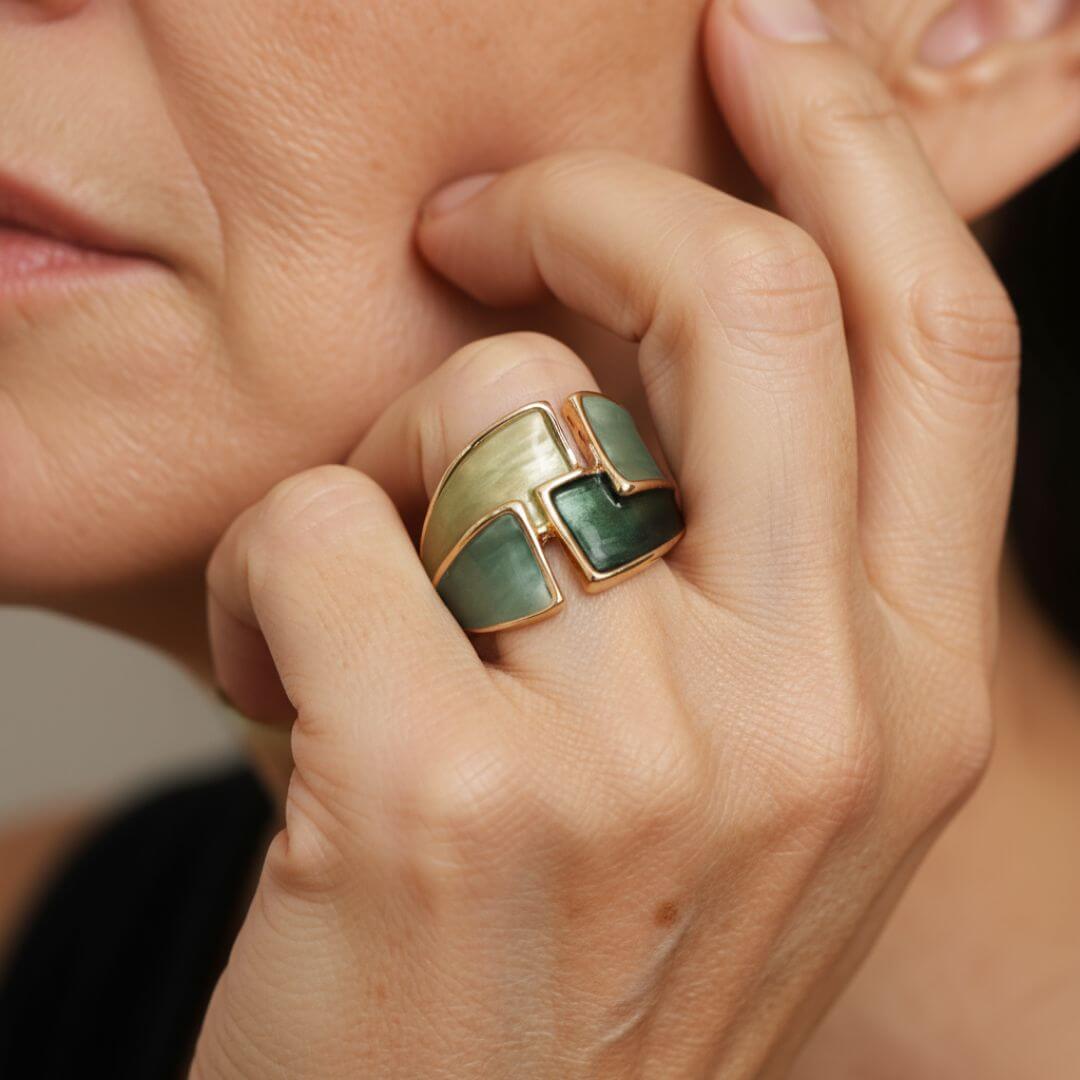 Green Enamel Gold Statement Ring