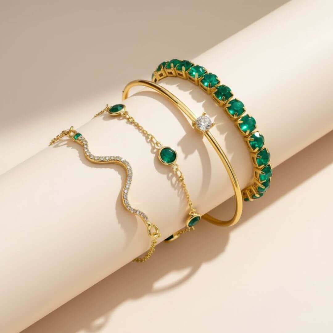 Gold Emerald Stackable Bracelet Set