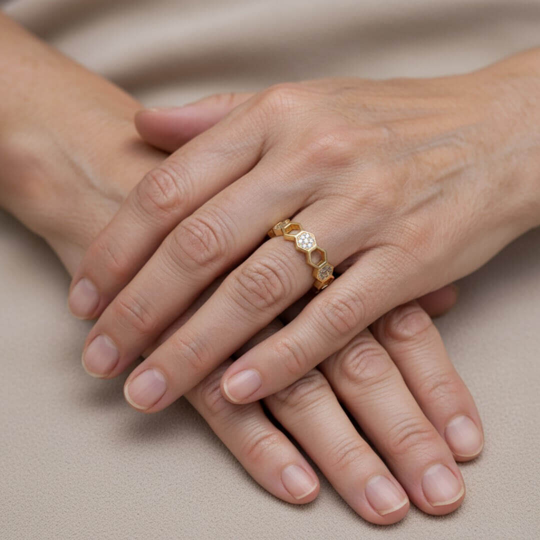 Honeycomb Hexagon Gold Crystal Ring
