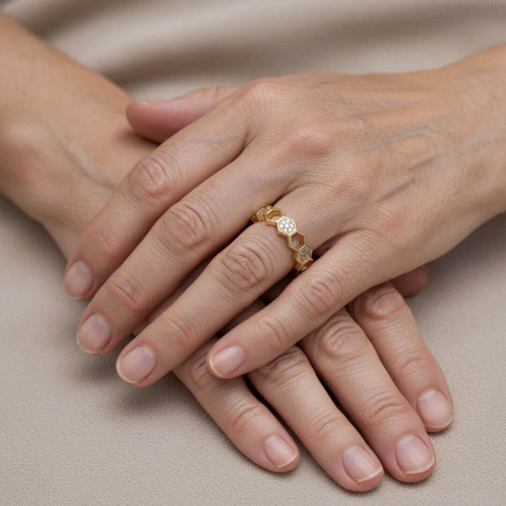 Honeycomb Hexagon Gold Crystal Ring