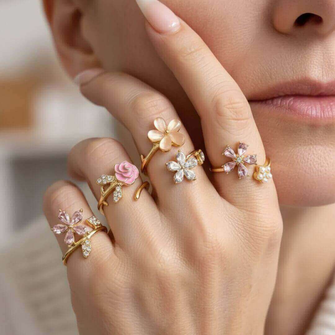 Colorful Flower Adjustable Ring Set