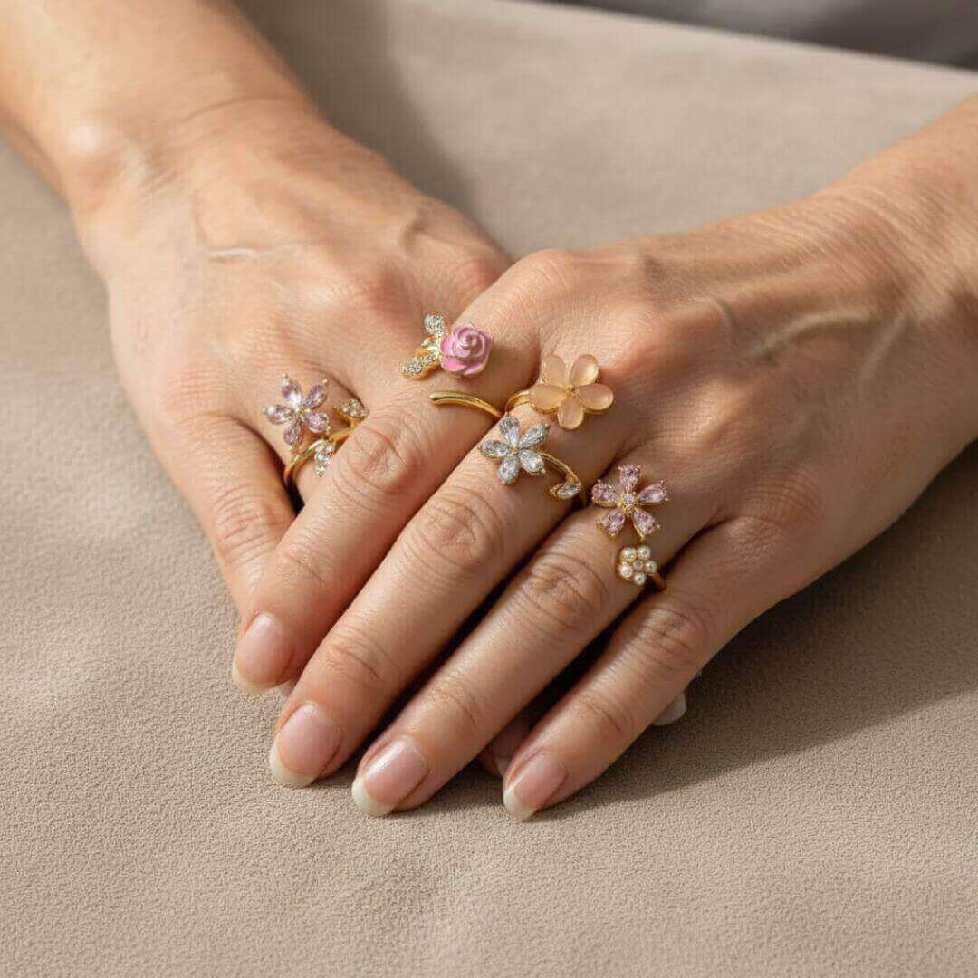 Colorful Flower Adjustable Ring Set