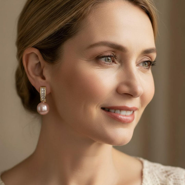 Gold Crystal Pink Pearl Earrings