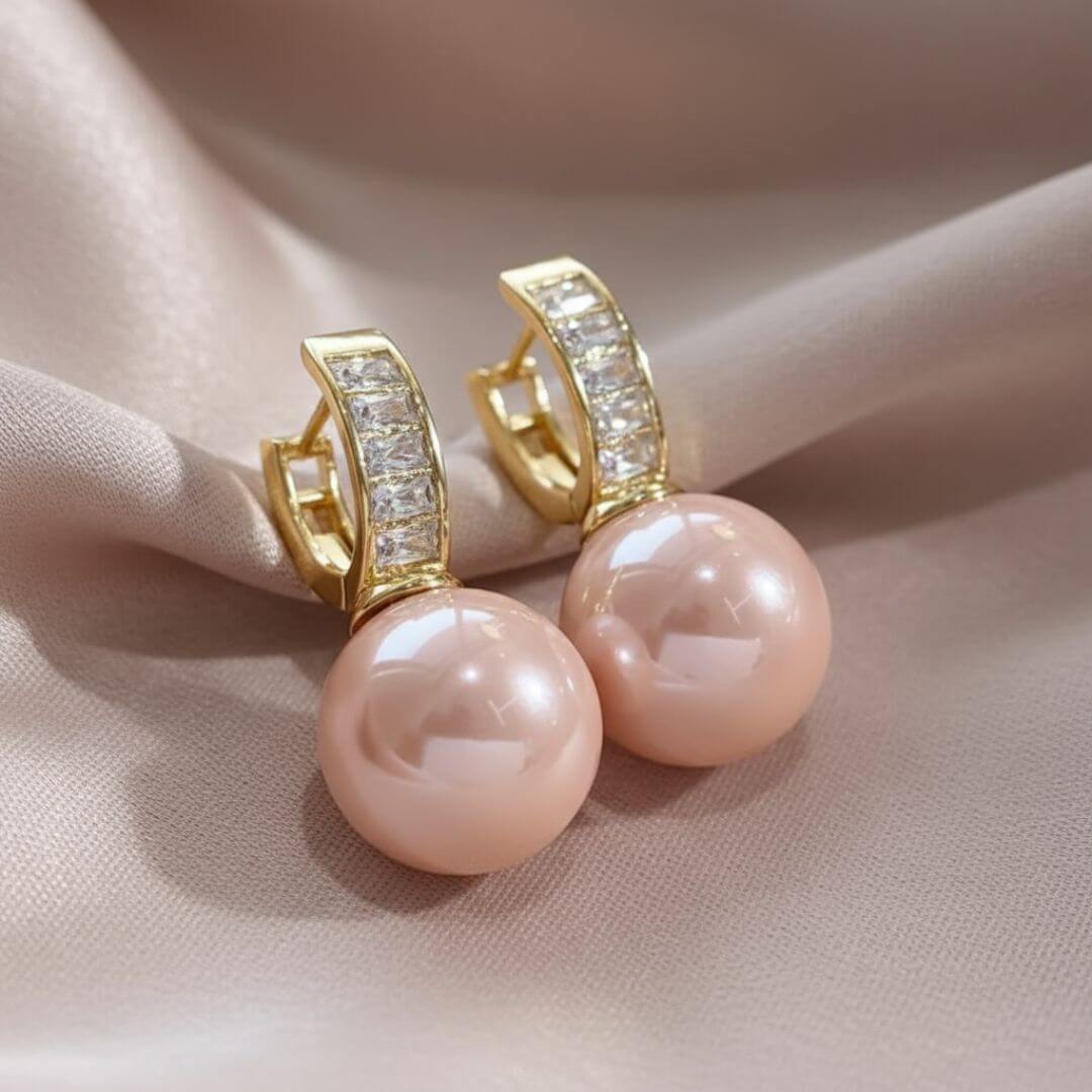 Gold Crystal Pink Pearl Earrings