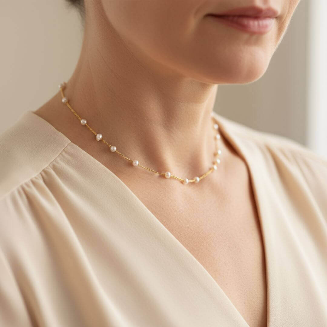 Gold Dainty Pearl Choker Necklace