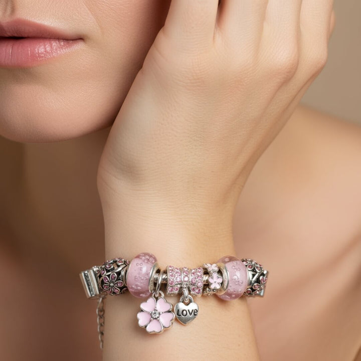 Pink Flower Love Charm Bracelet