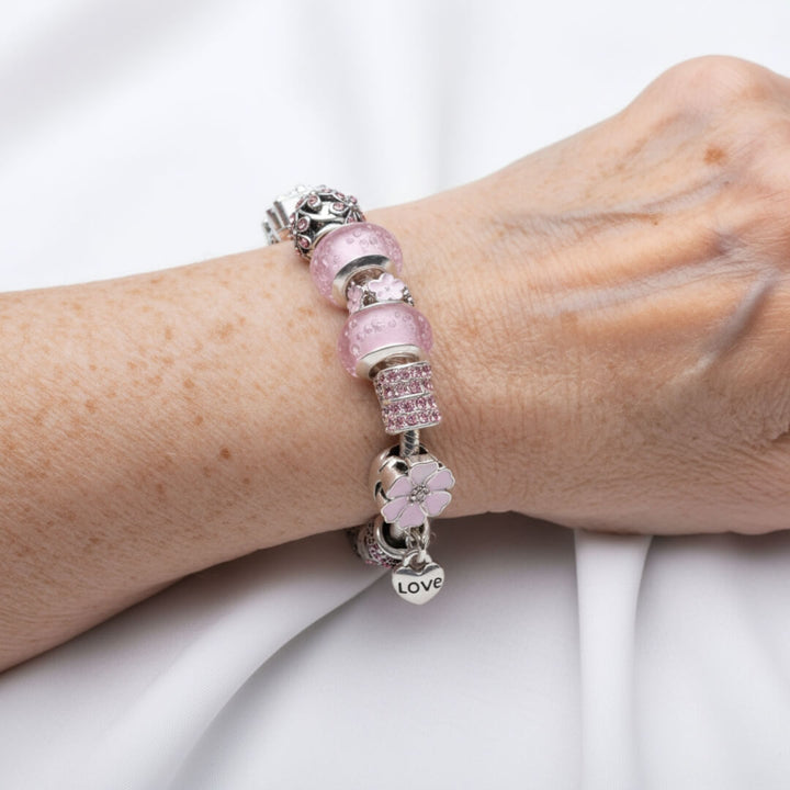 Pink Flower Love Charm Bracelet
