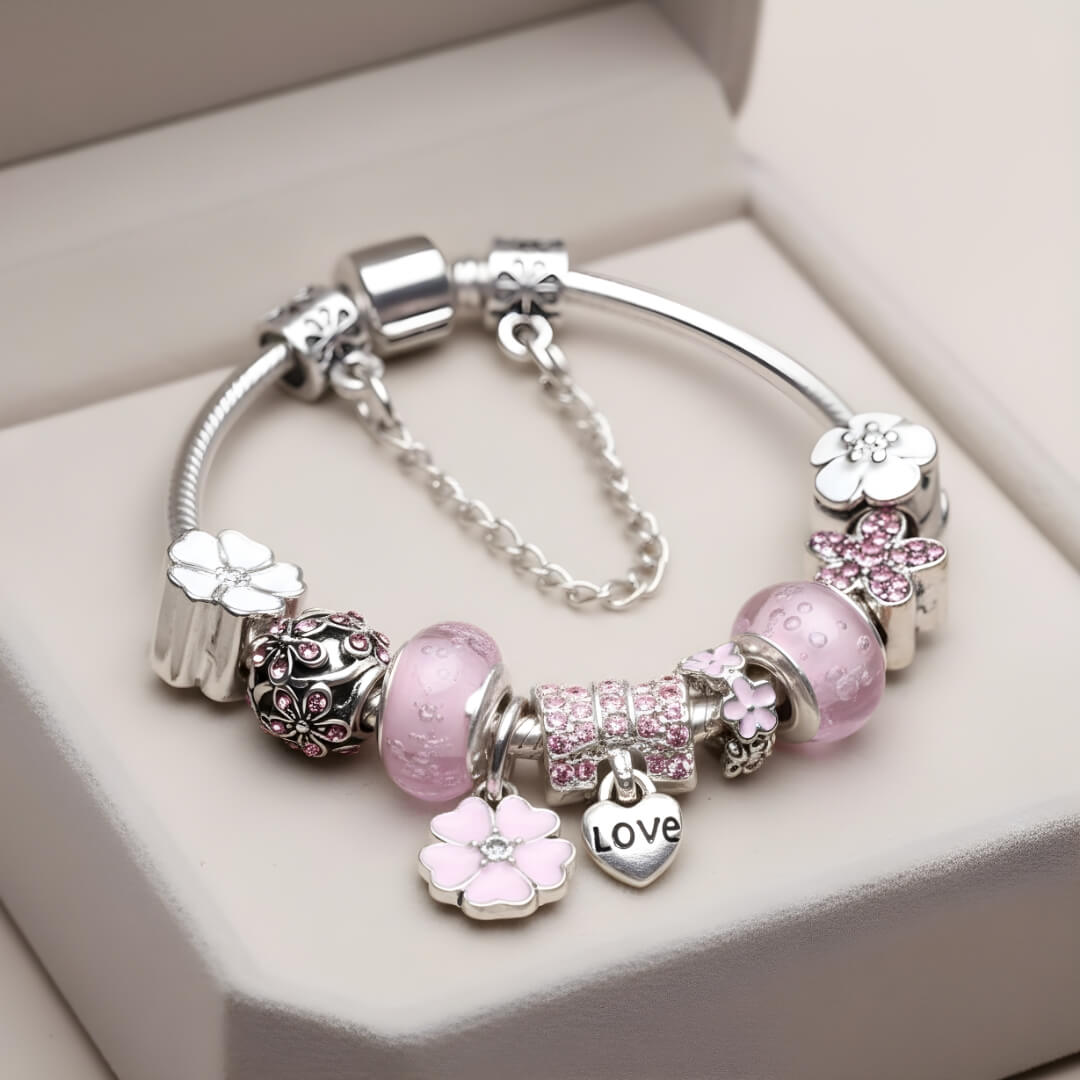 Pink Flower Love Charm Bracelet