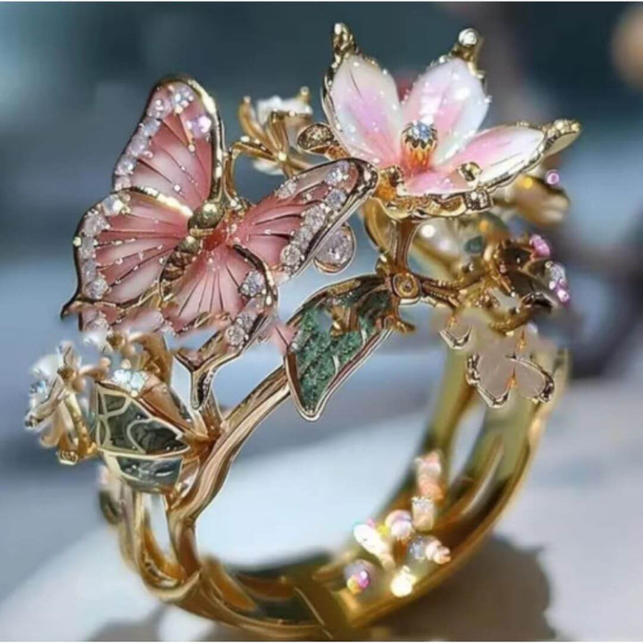 Butterfly Flower Enamel Gold Ring