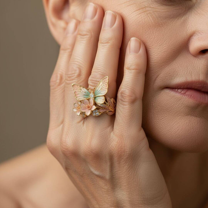 Butterfly Flower Enamel Gold Ring
