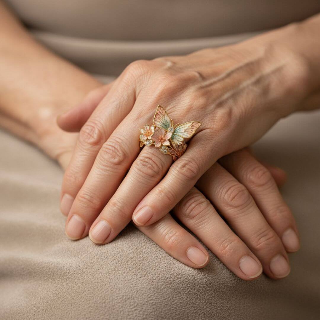 Butterfly Flower Enamel Gold Ring