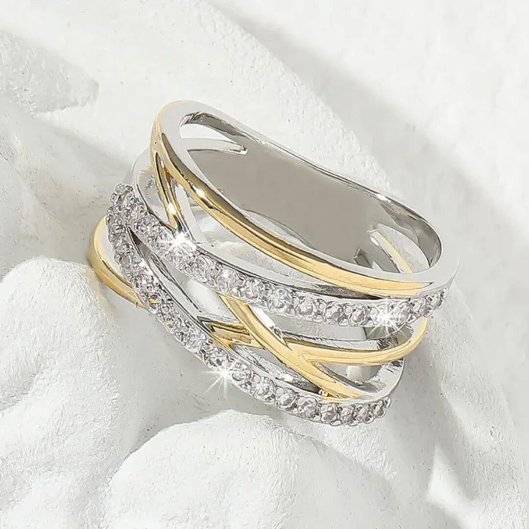 Gold Silver Zircon Statement Ring - Diane Jewelry