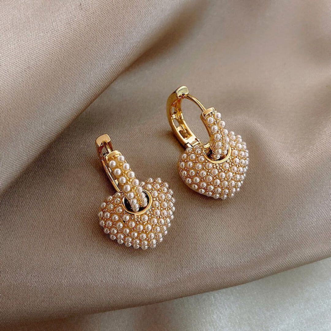 Pearl Gold Heart Hoop Earrings - Diane Jewelry