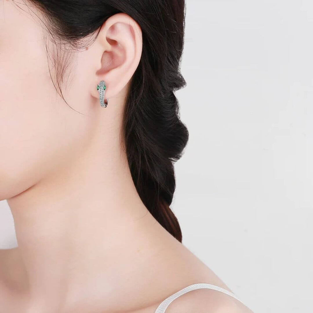 Silver Snake Green Eye Earrings - Diane Jewelry