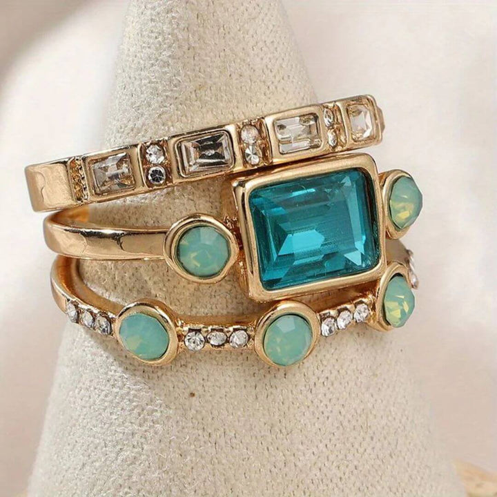 Gold Blue Crystal Ring Set - Diane Jewelry