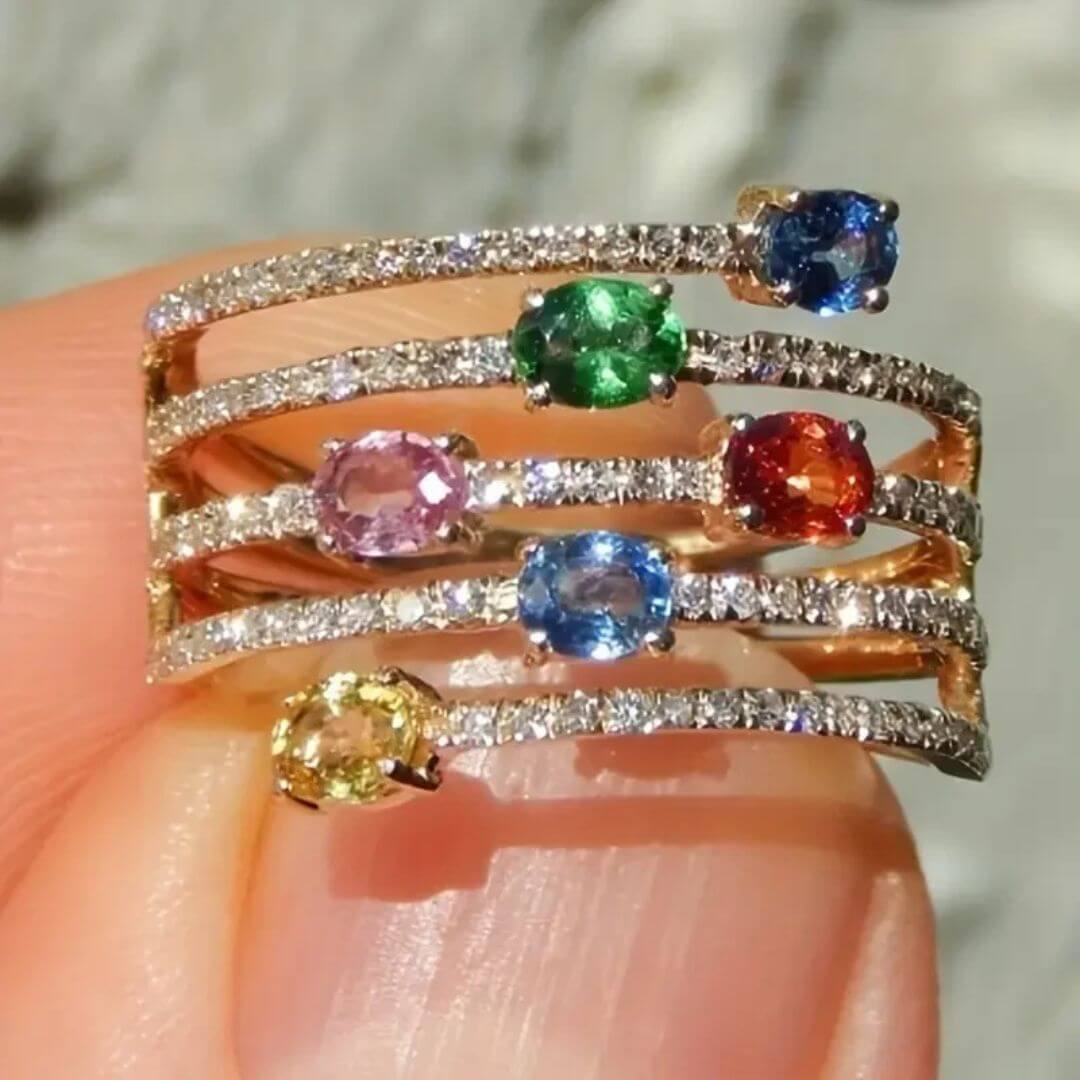 Rainbow Gemstone Multi-Band Statement Ring - Diane Jewelry