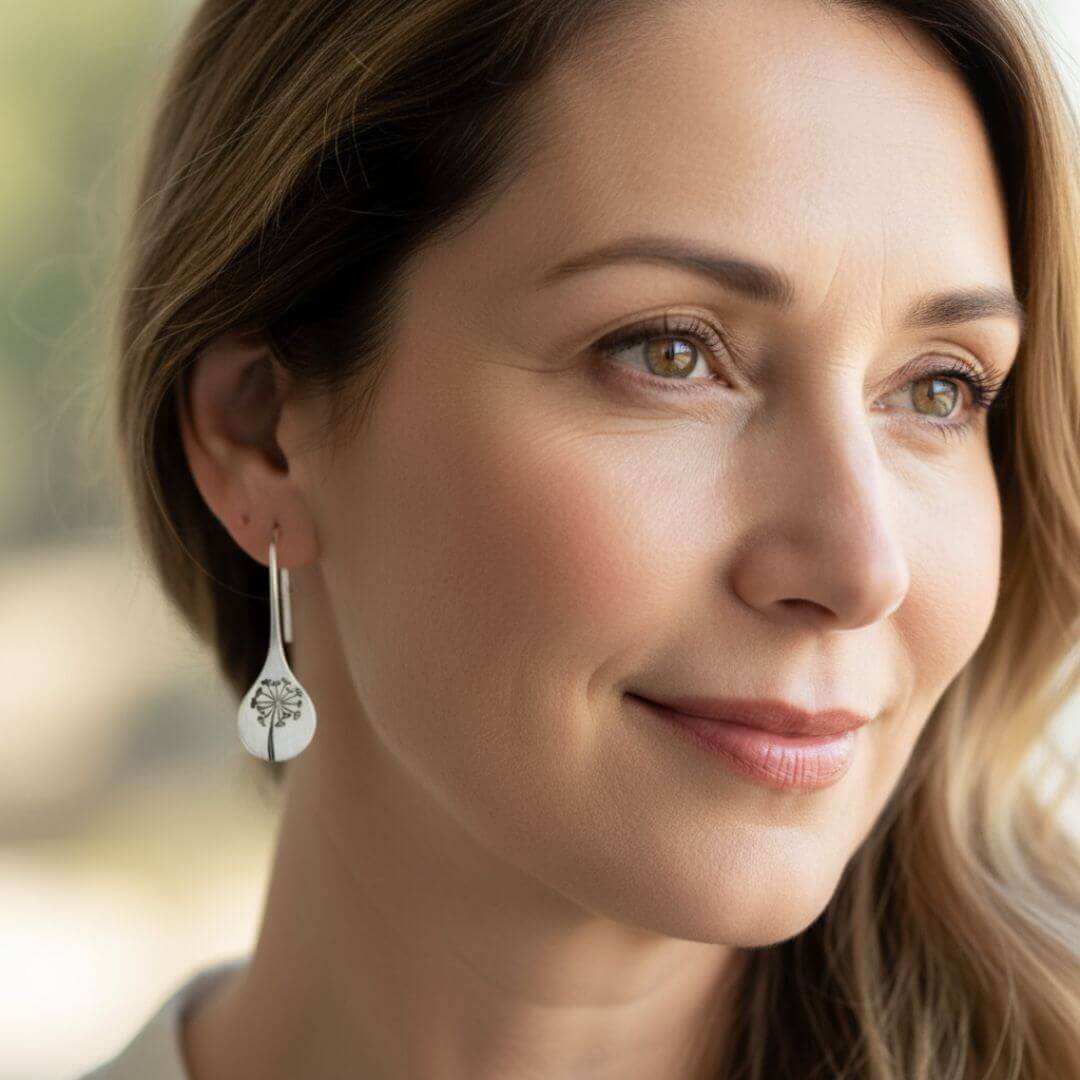 Silver Dandelion Drop Hook Earrings