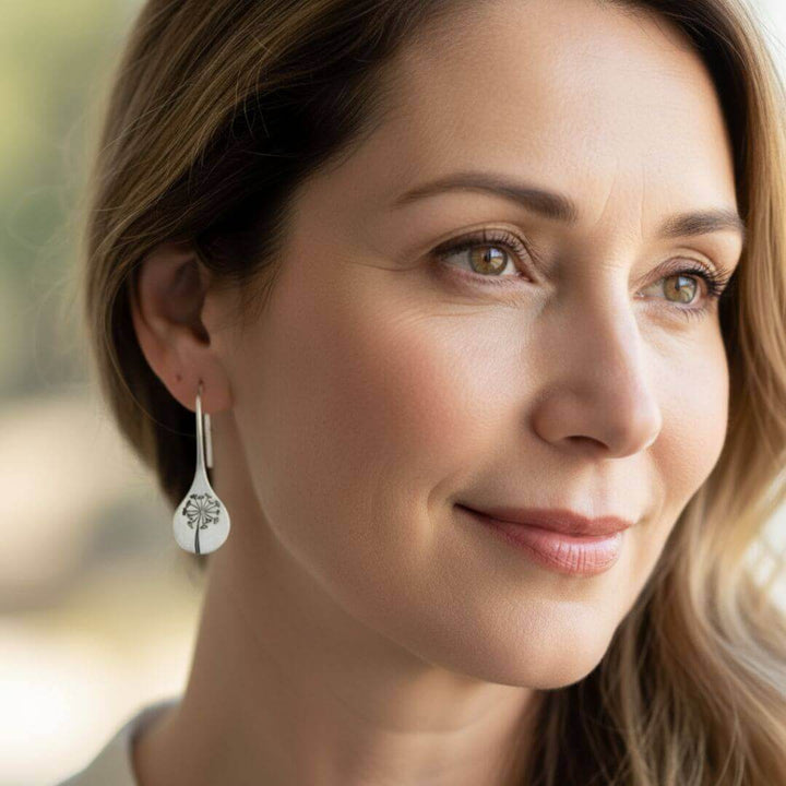 Silver Dandelion Drop Hook Earrings