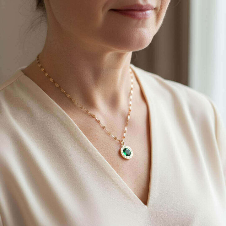 Gold Roman Numeral Emerald Necklace