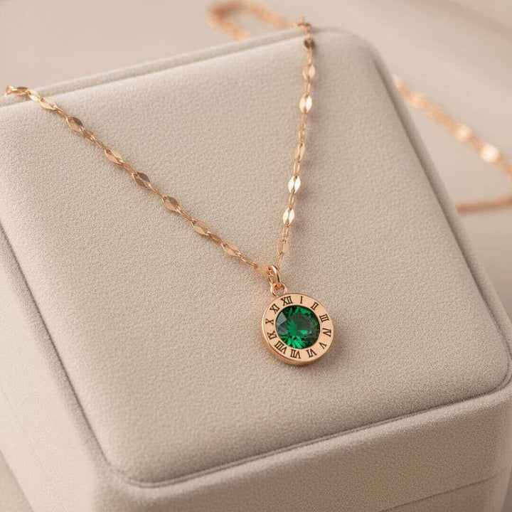 Gold Roman Numeral Emerald Necklace