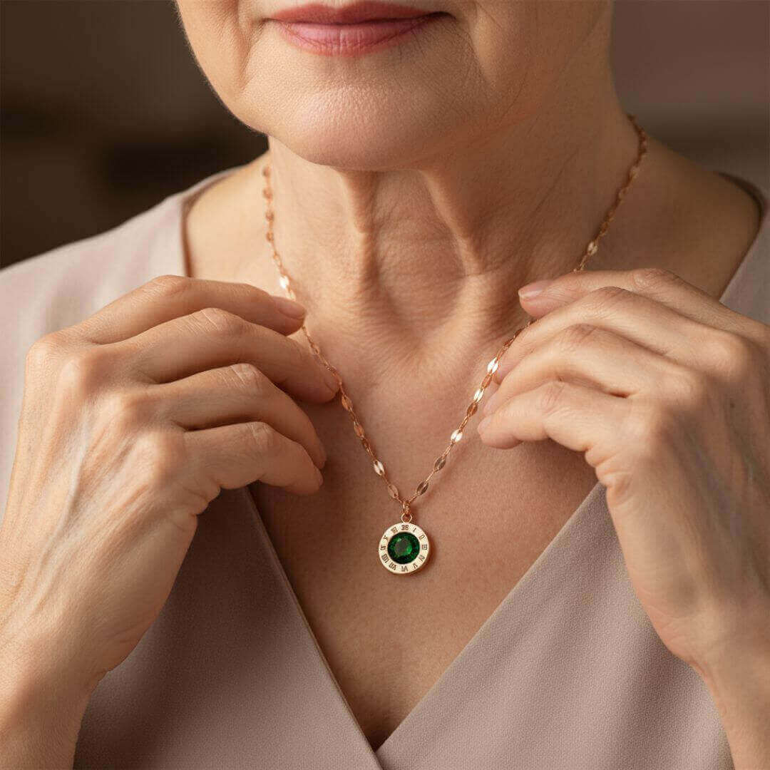 Gold Roman Numeral Emerald Necklace