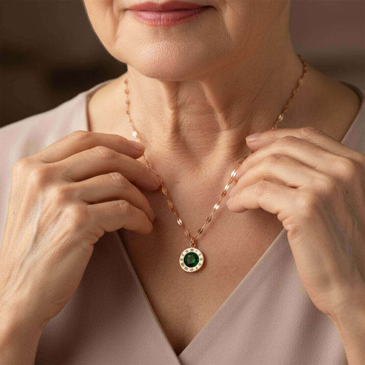 Gold Roman Numeral Emerald Necklace