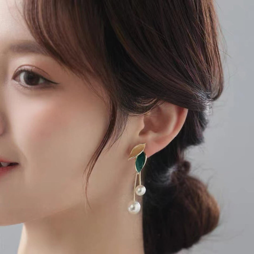 Leaf Pearl Long Drop Earrings - Diane Jewelry