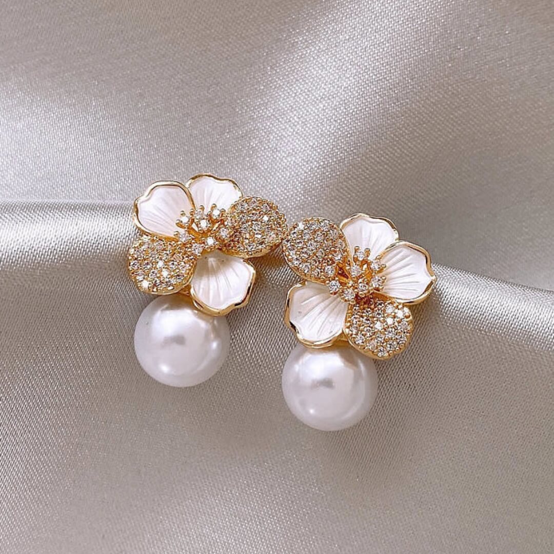 Crystal Flower Pearl Drop Earrings - Diane Jewelry
