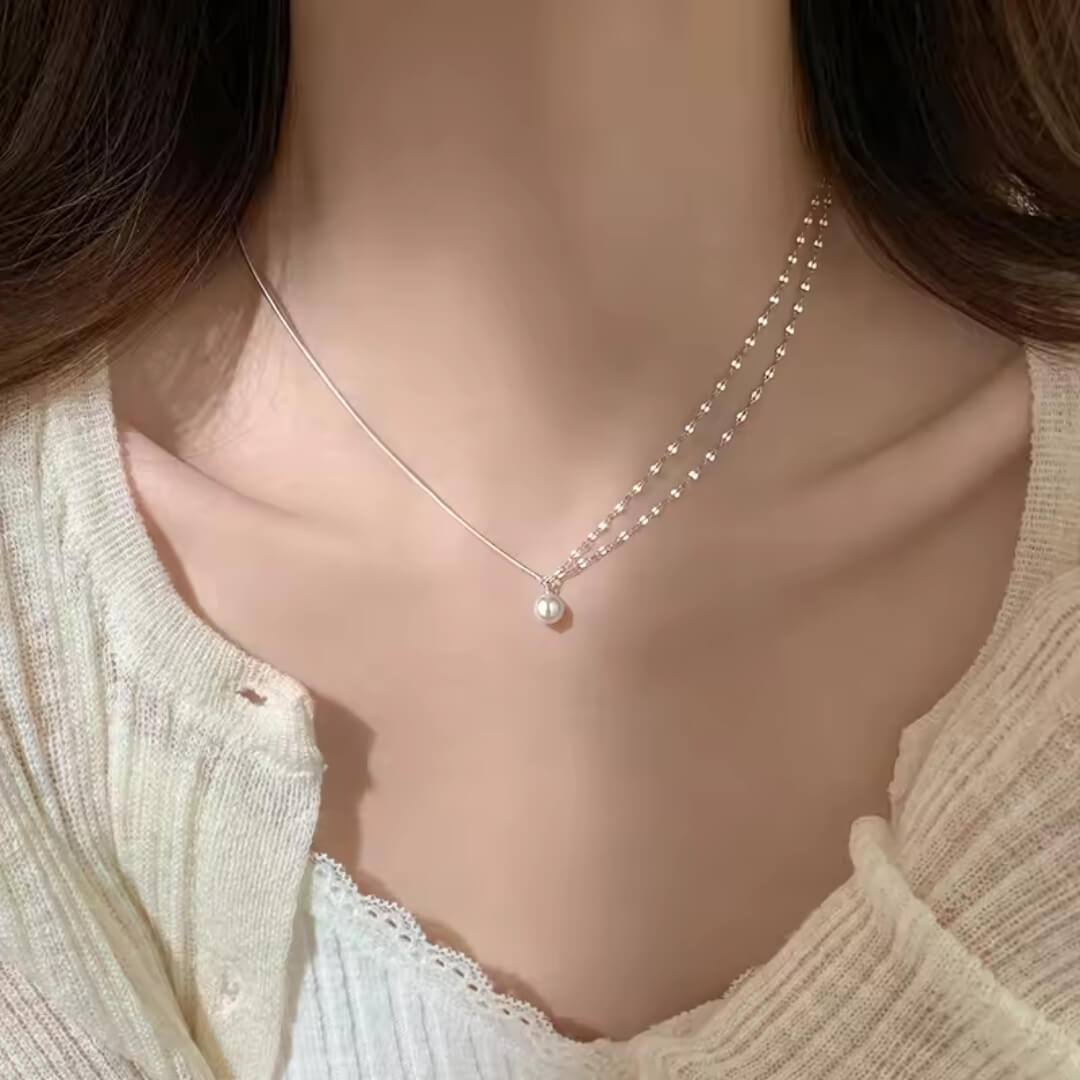 Dainty Silver Pearl Layered Necklace - Diane Jewelry