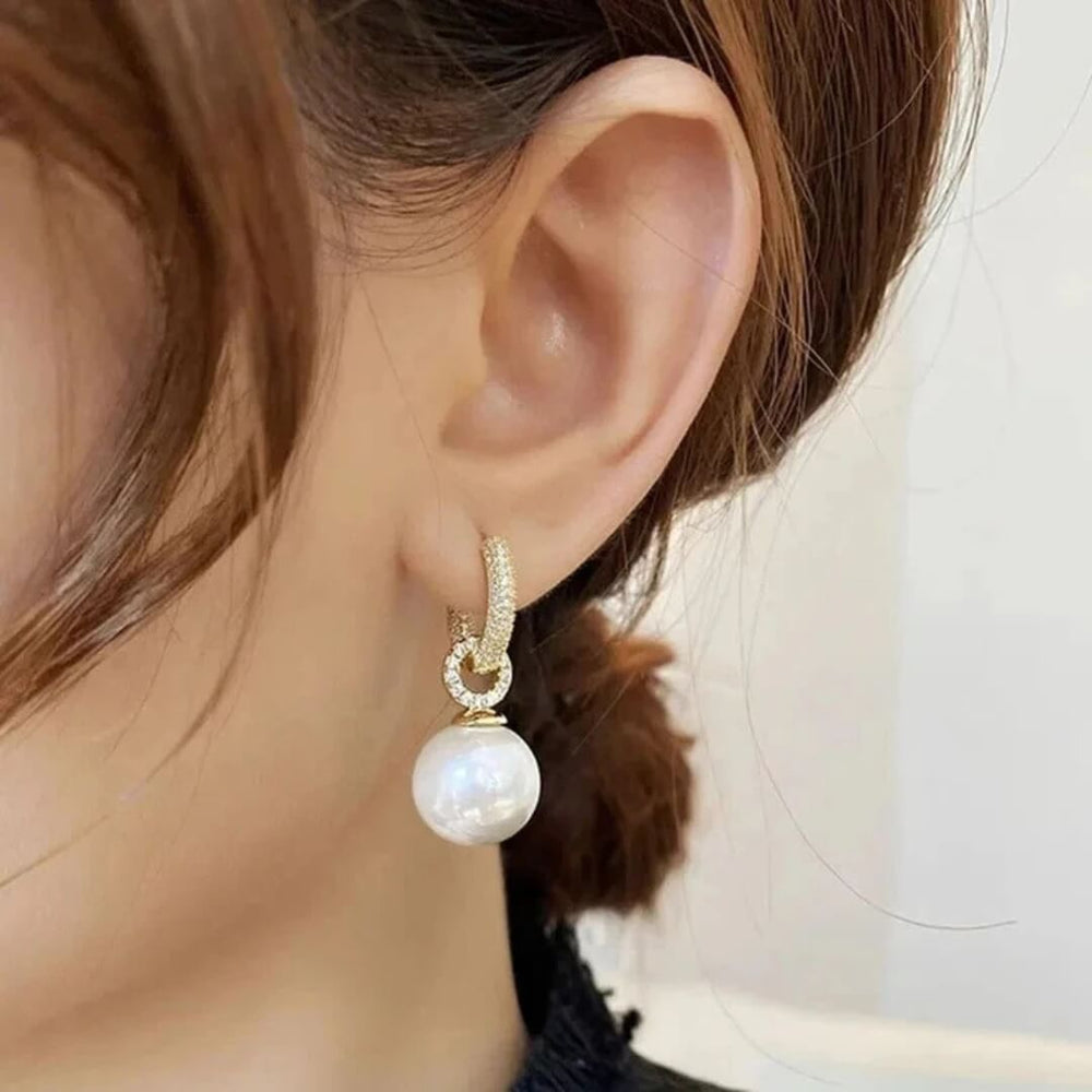 Gold Pearl Drop Hoop Earrings - Diane Jewelry