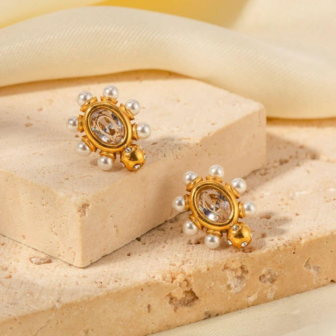 Gold Pearl Ethnic Stud Earrings - Diane Jewelry
