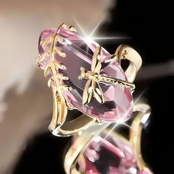 Pink Crystal Dragonfly Gold Ring - Diane Jewelry