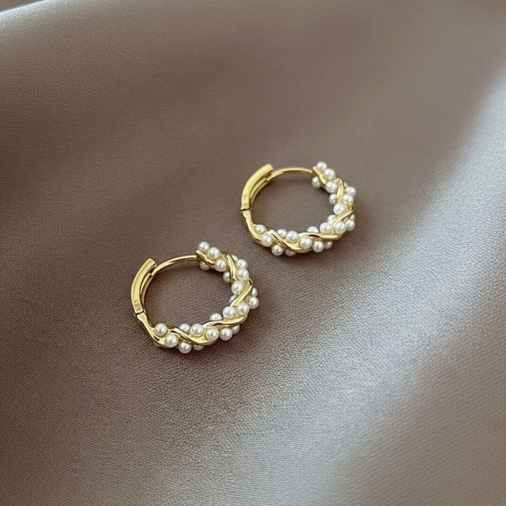 Gold Pearl Twisted Hoop Earrings