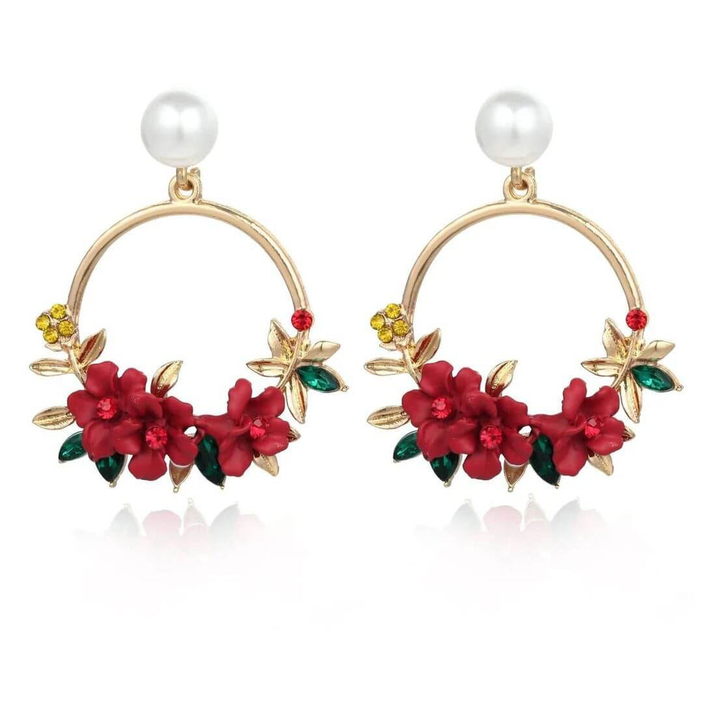 Pink Floral Pearl Hoop Earrings - Diane Jewelry
