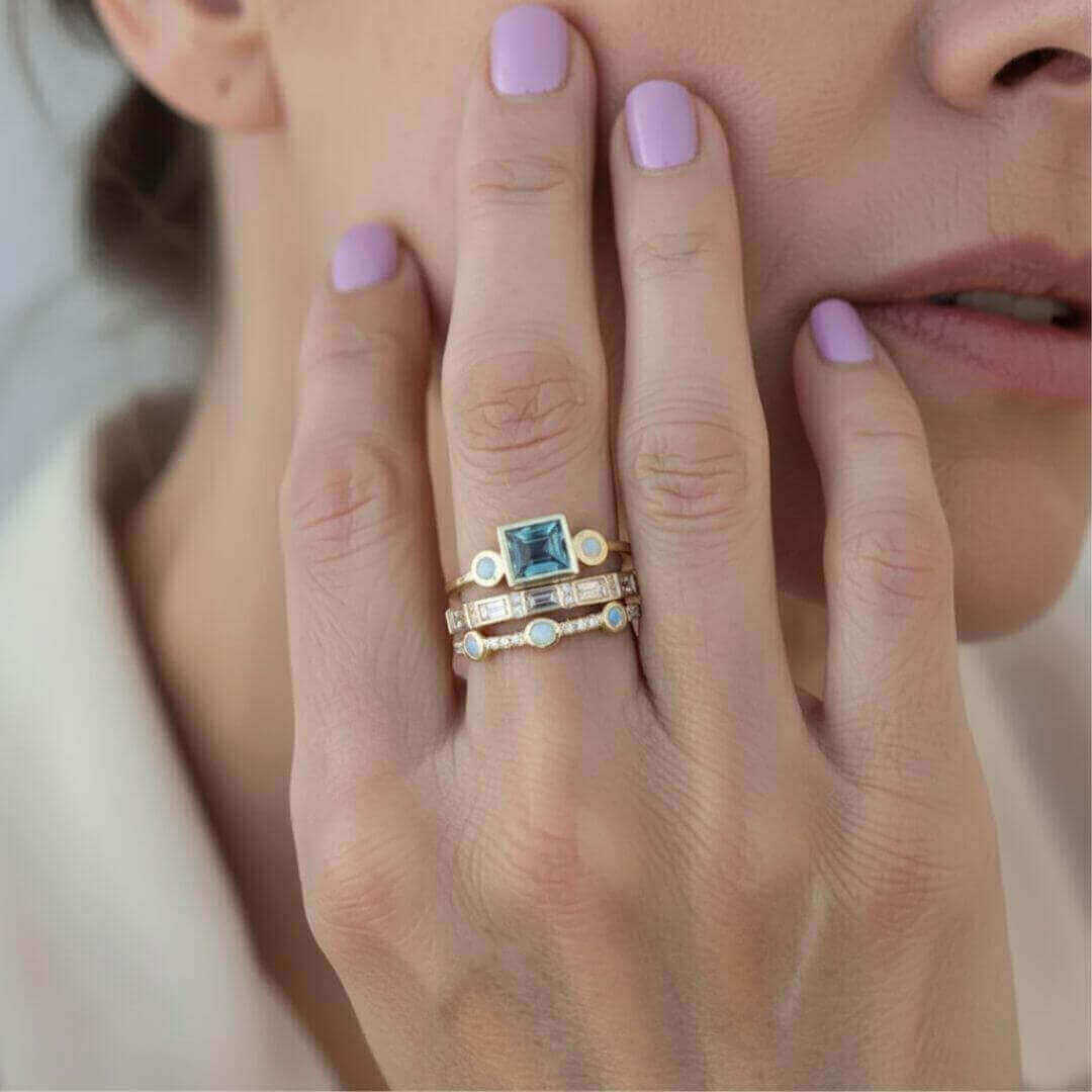 Gold Opal Blue Stacking Rings