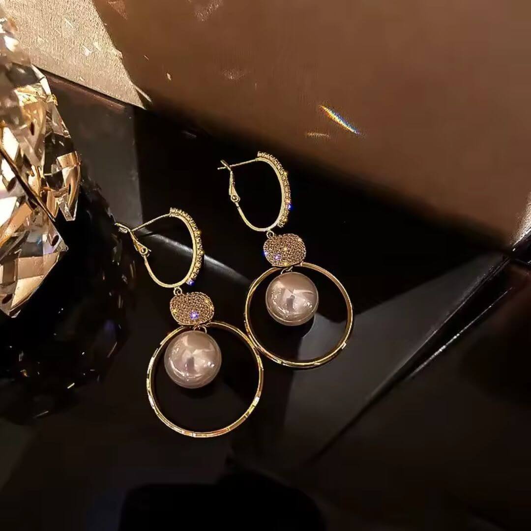 Gold Pearl Crystal Dangle Earrings - Diane Jewelry