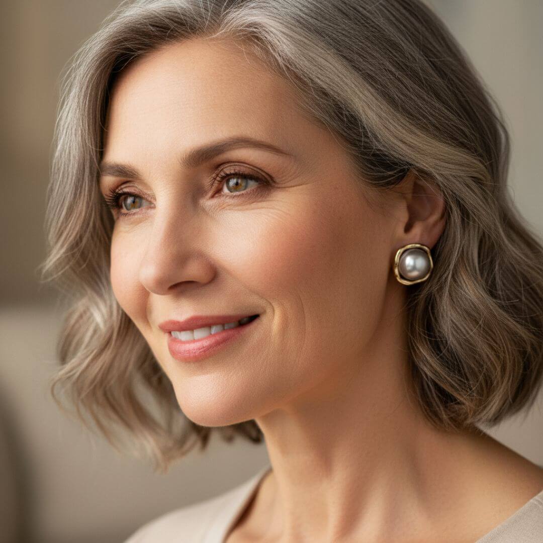 Gold Framed Pearl Stud Earrings