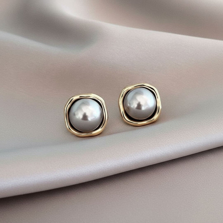 Gold Framed Pearl Stud Earrings